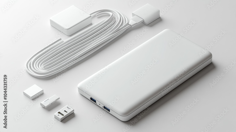 Minimalist white portable power bank and cable mockup on a clean background perfect for tech product branding and promotional designs.. Generative AI Minimalist white portable power bank and cable mockup on a clean background perfect for tech product branding and promotional designs.. Generative AI