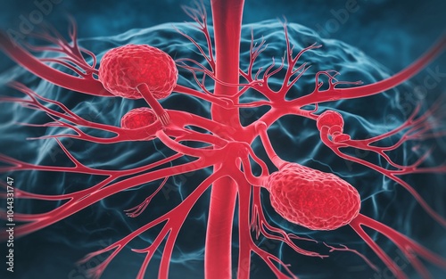 3D illustration of the human brain with tumors growing on the blood vessels. photo