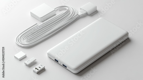 Minimalist white portable power bank and cable mockup on a clean background perfect for tech product branding and promotional designs.. Generative AI