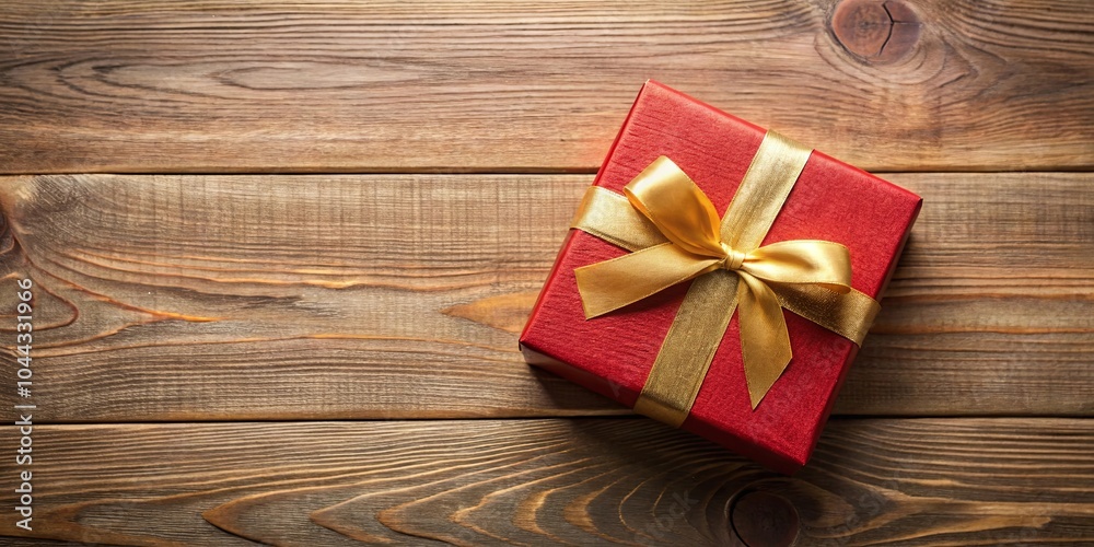 Fototapeta premium A red gift box adorned with a golden ribbon, resting upon a rustic wooden surface, conveying a sentiment of celebration and generosity.