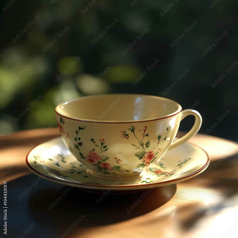 Floral Teacup and Saucer on Wooden Table Floral Teacup and Saucer on Wooden Table
