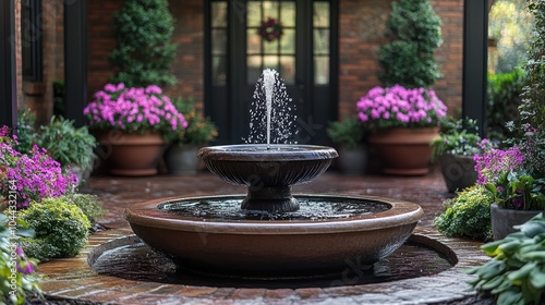 A home entrance with a small water fountain and potted plants welcoming positive energy.
