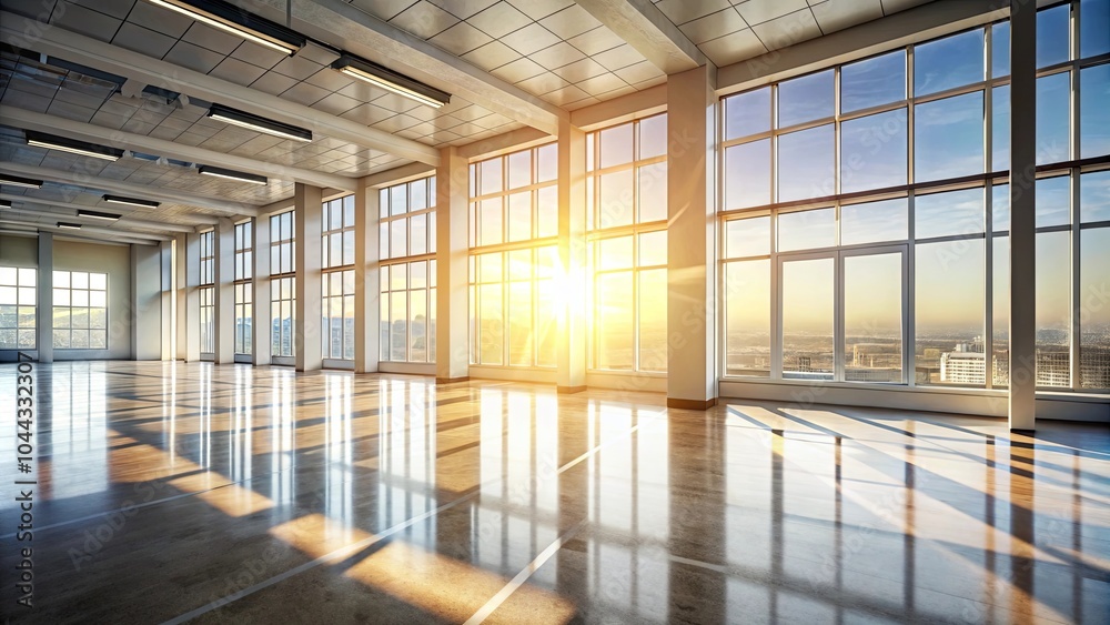 Sunlight Streaks Across the Expansive Floor of a Modern Office Space with Floor to Ceiling Windows and a City View Sunlight Streaks Across the Expansive Floor of a Modern Office Space with Floor to Ceiling Windows and a City View