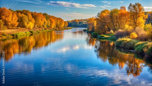 Serene Reflection of Golden Foliage in a Calm River Under a Blue Sky with White Clouds