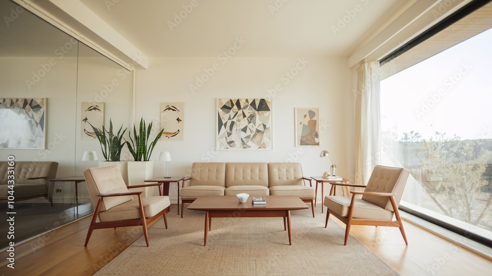 Fototapeta premium Mid-Century Modern Living Room Modern living room with beige sofa, armchairs, wooden coffee table, and artwork on the wall, featuring large windows with natural light.