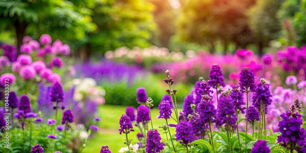 Vibrant Purple Blooms amidst a Lush Garden, bathed in the soft glow of the setting sun. Vibrant Purple Blooms amidst a Lush Garden, bathed in the soft glow of the setting sun.