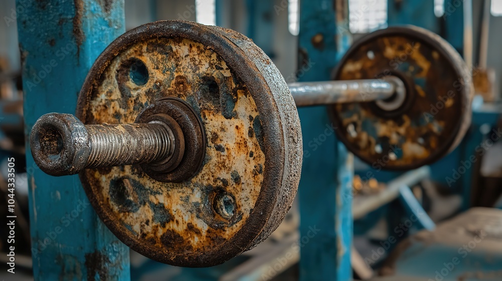 An image of rusty gym equipment showcasing the passage of time and neglect. The worn-out surfaces of the weights, benches, and machines exhibit signs of corrosion and wear, An image of rusty gym equipment showcasing the passage of time and neglect. The worn-out surfaces of the weights, benches, and machines exhibit signs of corrosion and wear,