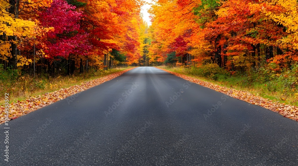 Scenic Autumn Road Lined with Vibrant Fall Foliage and Colorful Trees Scenic Autumn Road Lined with Vibrant Fall Foliage and Colorful Trees