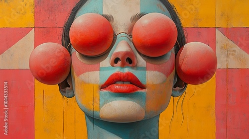 Abstract Portrait with Geometric Patterns and Red Spheres