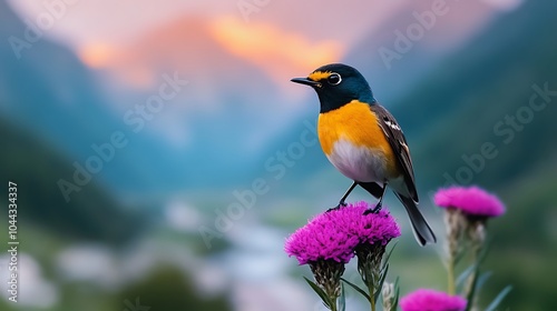 A vibrant close-up of a bird perched on a flower with majestic mountains and a river in the background taken with a 600mm lens on a Sony A90. photo