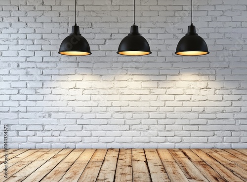 Three black pendant lights hanging over a white brick wall and wood floor.