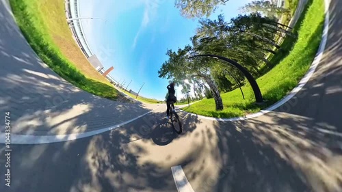 Rear view of a Caucasian woman riding a bicycle. Video in 360 degrees. photo