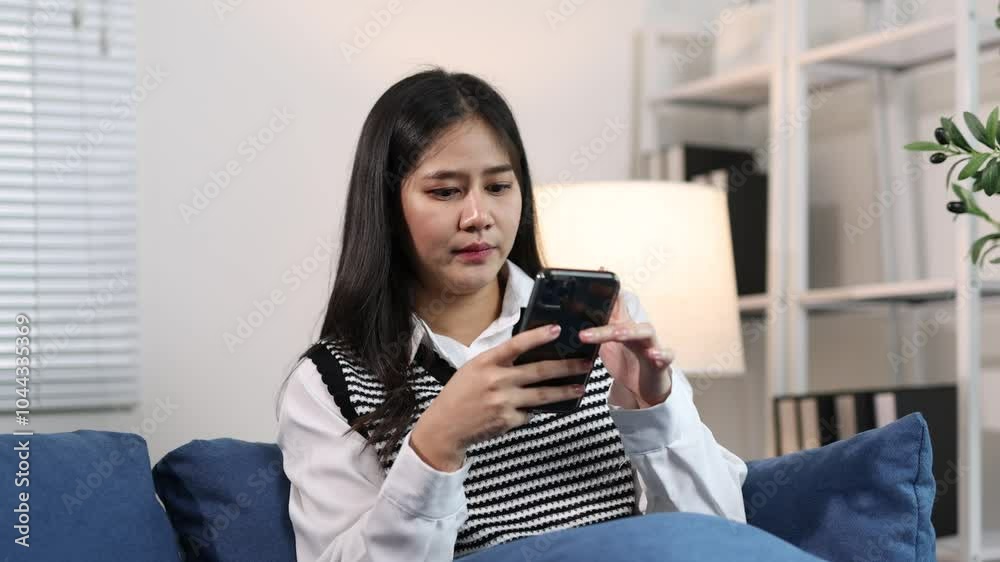 Asian woman using smartphone while relaxing on sofa. Smiling and enjoying her time, she engages with social media and browses the internet comfortably indoors. Asian woman using smartphone while relaxing on sofa. Smiling and enjoying her time, she engages with social media and browses the internet comfortably indoors.
