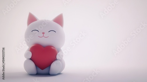  A pure white cute cat with an adorable smile holds a heart, radiating happiness and joy against a clean, pure white background. This anthropomorphic feline captures the essence of love and warmth, 