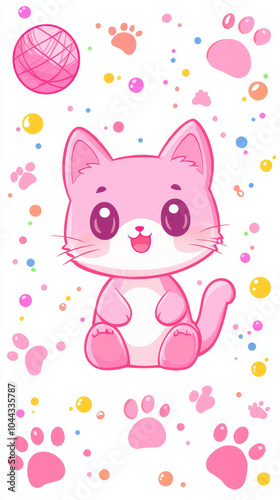 Cute pink kitten with big eyes surrounded by colorful bubbles and paw prints, exuding playful and cheerful vibe. Perfect for cat lovers and childrens decor