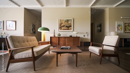 Mid-Century Modern Living Room Mid-century modern living room with a sofa, two armchairs, and a coffee table.