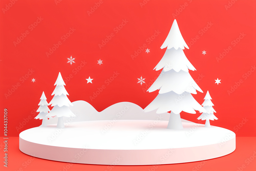 3D podium with Christmas tree on red background. Empty platform with Christmas decoration for product presentation. Template for winter holidays, New Year and Super Saturday sale. Mockup for design 3D podium with Christmas tree on red background. Empty platform with Christmas decoration for product presentation. Template for winter holidays, New Year and Super Saturday sale. Mockup for design
