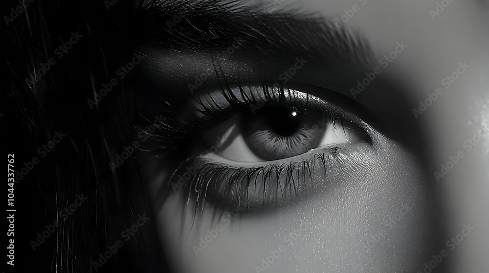 Close-up Black and White Eye with Long Eyelashes, eyes, monochrome, close up, macro, detail Close-up Black and White Eye with Long Eyelashes, eyes, monochrome, close up, macro, detail