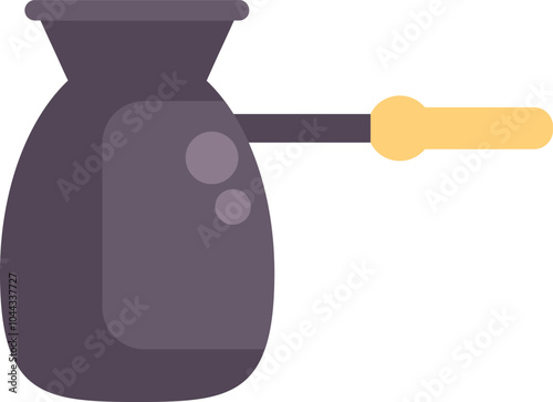 Traditional turkish coffee pot, known as a cezve, featuring a long wooden handle for comfortable pouring