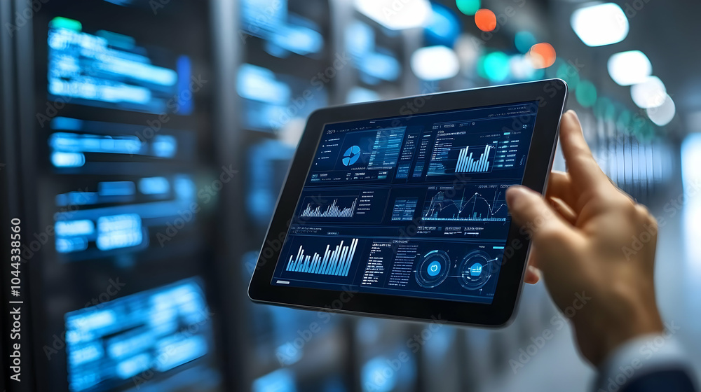 Data Analysis on Tablet in Server Room, analytics, charts, graphs, dashboard, digital