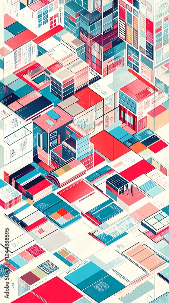 Abstract geometric pattern with colorful blocks in isometric perspective.