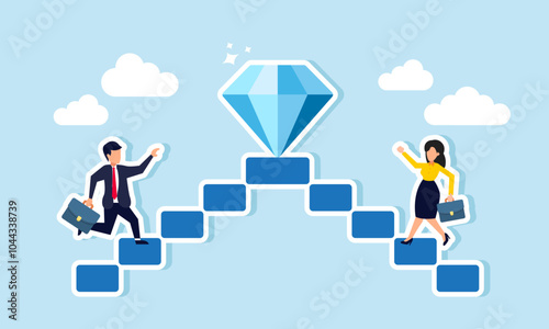 A businessman and businesswoman compete to reach the top of the ladder first to obtain the diamond, illustrating competition in gathering more business assets