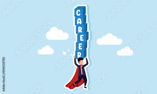 A super businessman flies above the sky while lifting a block labeled CAREER, illustrating a high-performing employee building and maintaining a strong, upward career path