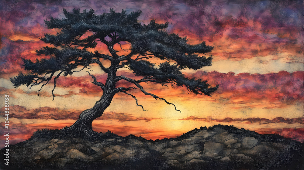 A lone tree stands silhouetted against a vibrant sunset sky, its branches reaching towards the heavens. A lone tree stands silhouetted against a vibrant sunset sky, its branches reaching towards the heavens.