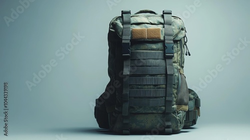 Tactical backpack mockup on a textured surface outdoor adventure and military gear branding template. Generative AI photo