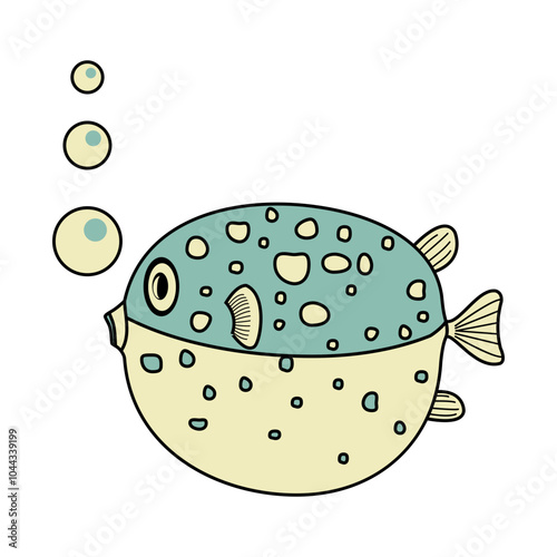 Doodle drawing of a puffer fish and air bubble in blue and light cream color. Vector illustration. For baby child shirt dress textile print wall cover kindergarten decoration crockery