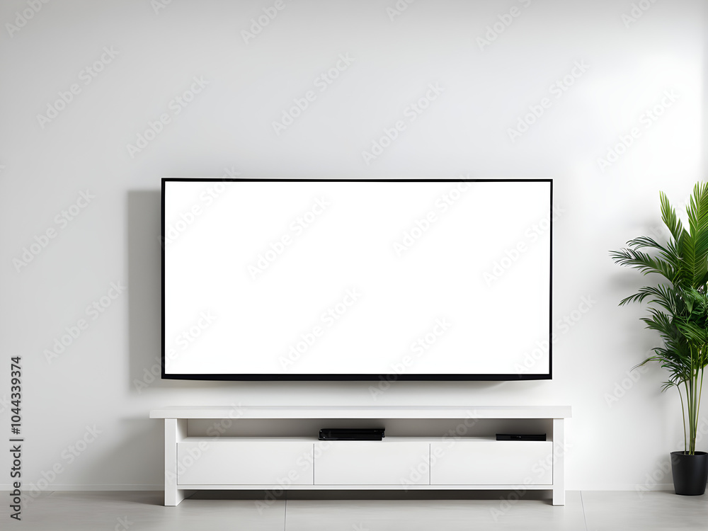 wide screen TV on white stand near light wall wide screen TV on white stand near light wall