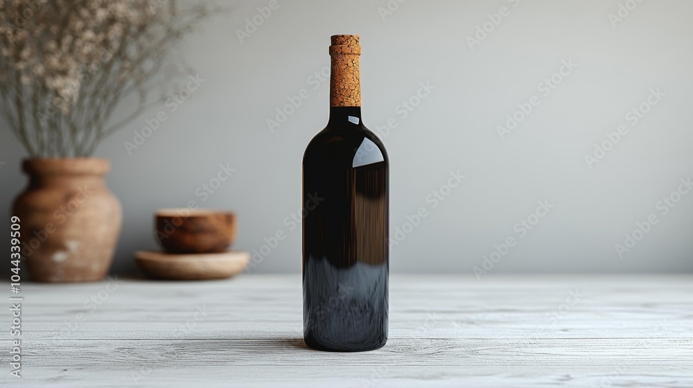 Elegant wine bottle with cork mockup on neutral background for vintage and upscale product design and branding. Generative AI Elegant wine bottle with cork mockup on neutral background for vintage and upscale product design and branding. Generative AI