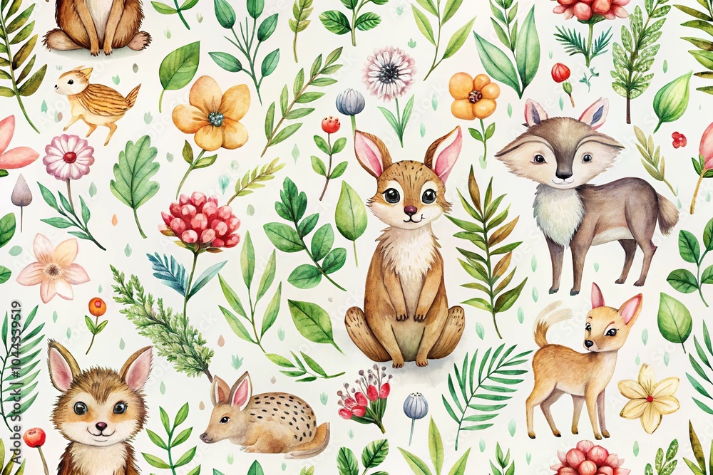 Obraz premium seamless watercolor pattern with woodland creatures, plants, flowers