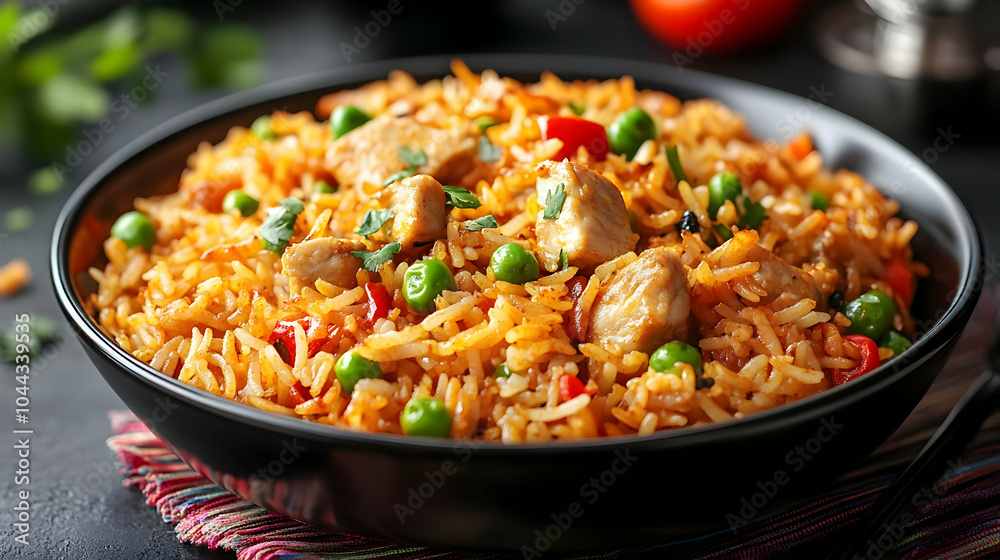 Chicken Biryani in Black Bowl, rice, peas, peppers, spices, indian food Chicken Biryani in Black Bowl, rice, peas, peppers, spices, indian food