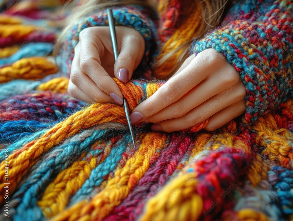 Close-up of a person knitting a colorful scarf. Featuring yarn and knitting needles. Emphasizing crafting hobbies and home projects. Ideal for DIY and textile art content. Close-up of a person knitting a colorful scarf. Featuring yarn and knitting needles. Emphasizing crafting hobbies and home projects. Ideal for DIY and textile art content.