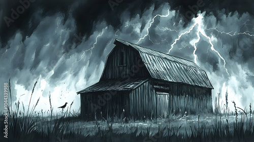 A lone barn stands in a field during a raging thunderstorm.