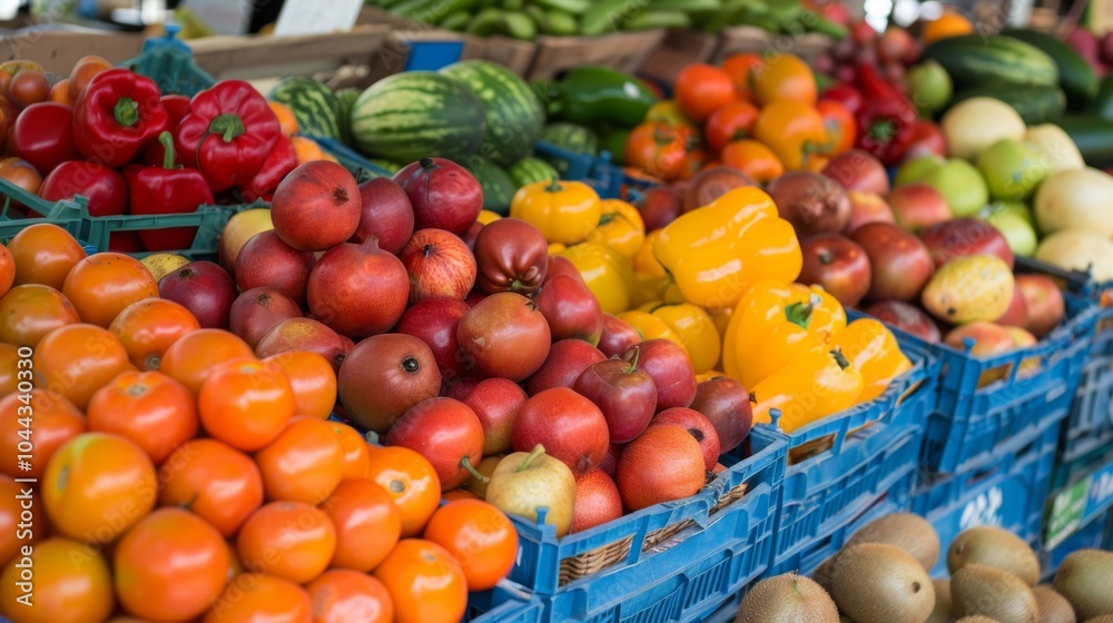A vibrant display of various fresh fruits and vegetables such as peppers, apples, and melons in a market setting, highlighting their bright colors and diversity. A vibrant display of various fresh fruits and vegetables such as peppers, apples, and melons in a market setting, highlighting their bright colors and diversity.
