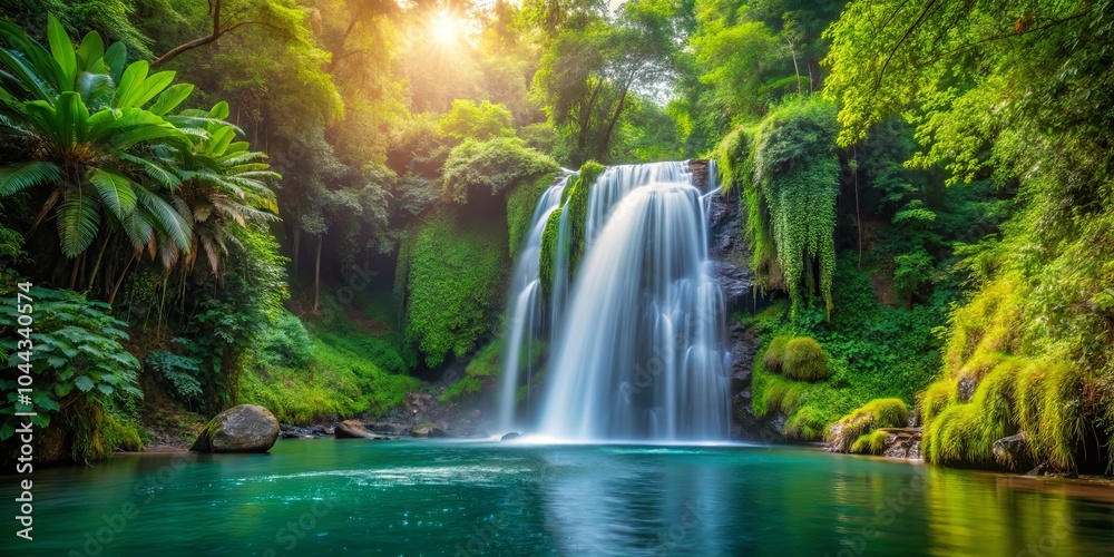 Obraz premium A tranquil waterfall cascades into a serene pool surrounded by lush greenery, with the warm glow of sunlight filtering through the verdant canopy.