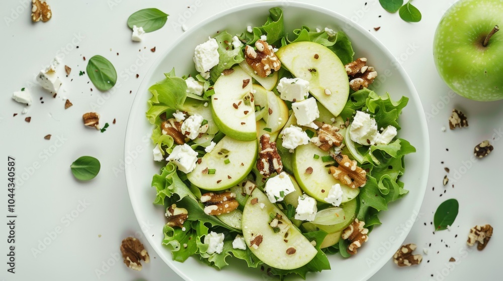 A vibrant salad composed of fresh green apples, creamy feta cheese, and crunchy pecans on a bed of lettuce, beautifully arranged, symbolizing health and freshness. A vibrant salad composed of fresh green apples, creamy feta cheese, and crunchy pecans on a bed of lettuce, beautifully arranged, symbolizing health and freshness.