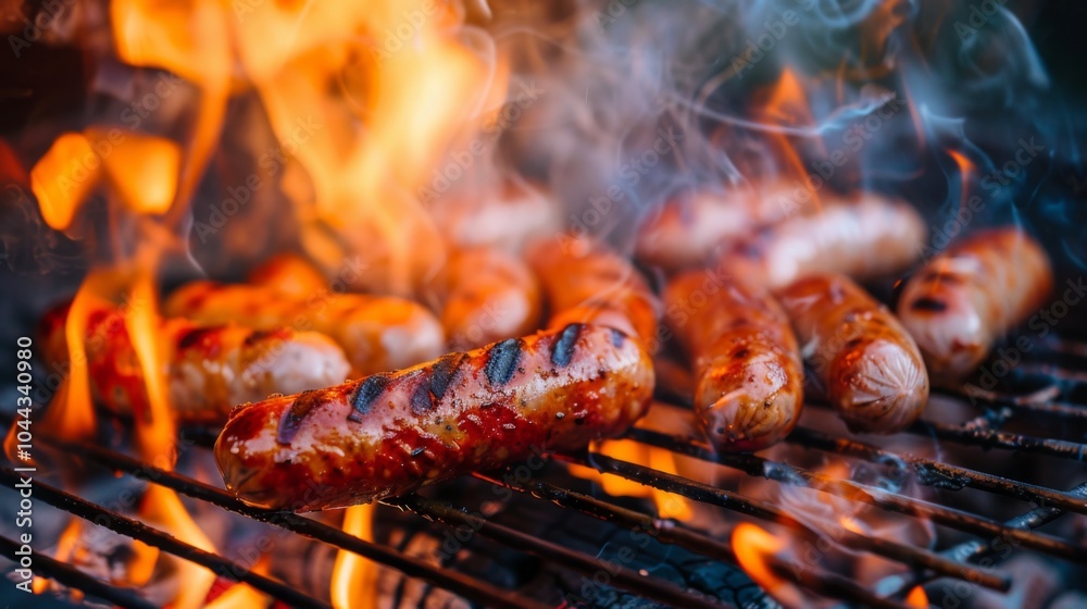 This image captures an appetizing scene of several grilled sausages cooking on a barbecue. The flames and smoke create a lively and dynamic atmosphere. This image captures an appetizing scene of several grilled sausages cooking on a barbecue. The flames and smoke create a lively and dynamic atmosphere.
