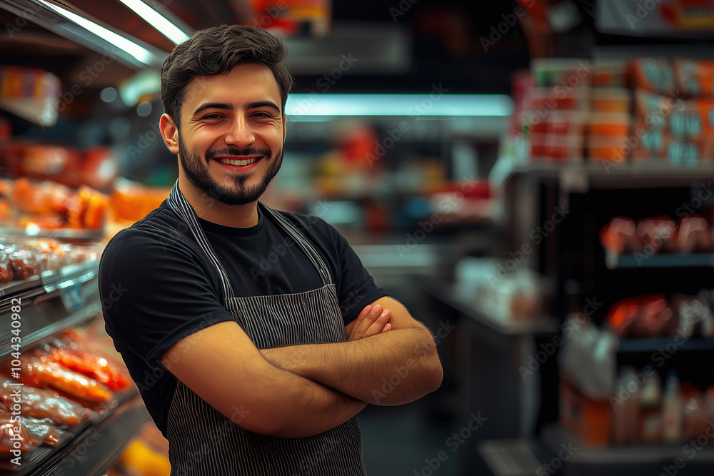 Fototapeta premium Smiling male worker in grocery store bakery section