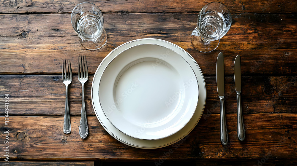 Rustic Table Setting with White Plates and Silverware, fork, knife, glasses, wooden, background Rustic Table Setting with White Plates and Silverware, fork, knife, glasses, wooden, background