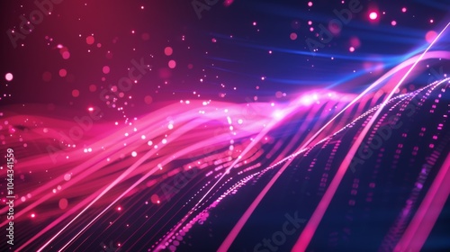 A dynamic and vibrant abstract image featuring glowing pink and blue waves, with scattered light particles and lines, creating a sense of energy and motion.