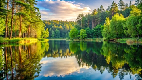 The serene beauty of a tranquil lake, reflecting the verdant canopy of the surrounding woodland, with a hint of golden sunlight dappling through the leaves.