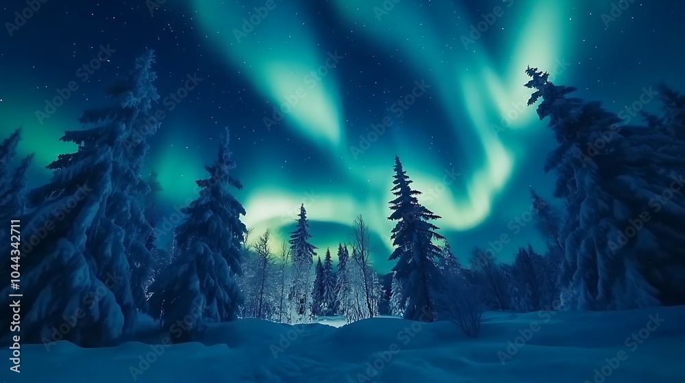 Naklejka premium Northern Lights Dance Over a Snowy Forest
