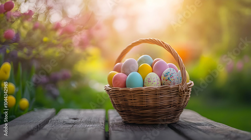 Easter Basket of Colorful Eggs, wicker, spring, holiday, celebration, tradition