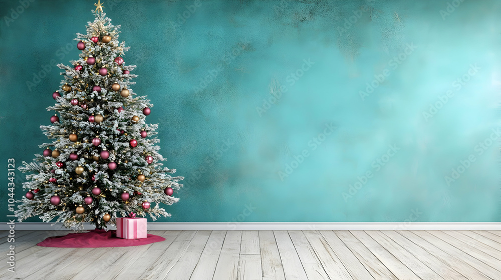 Christmas Tree with Red and Gold Ornaments in Front of a Blue Wall, festive, celebration, holiday, decor, decoration Christmas Tree with Red and Gold Ornaments in Front of a Blue Wall, festive, celebration, holiday, decor, decoration