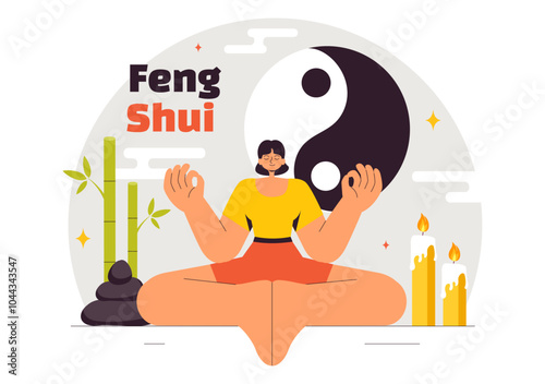 Feng Shui Oriental Philosophy Vector Illustration Featuring Stones and Plants for the Positive Energy of the Five Elements and the Balance of Yin Yang