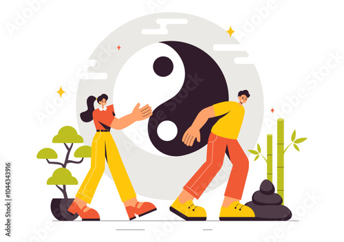 Feng Shui Oriental Philosophy Vector Illustration Featuring Stones and Plants for the Positive Energy of the Five Elements and the Balance of Yin Yang