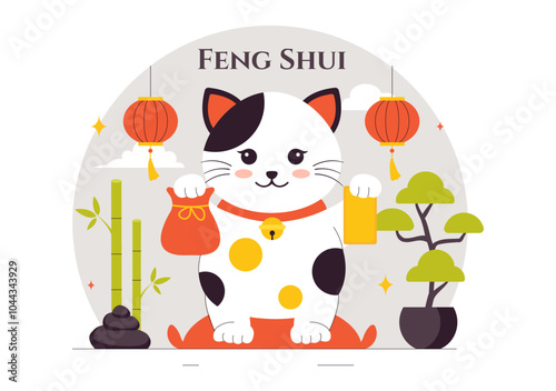 Feng Shui Oriental Philosophy Vector Illustration Featuring Stones and Plants for the Positive Energy of the Five Elements and the Balance of Yin Yang